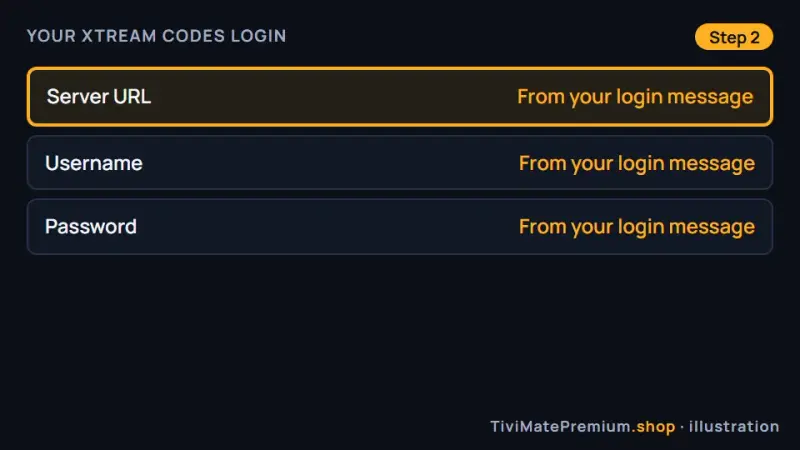 Typing the Xtream Codes server URL, username and password into TiviMate