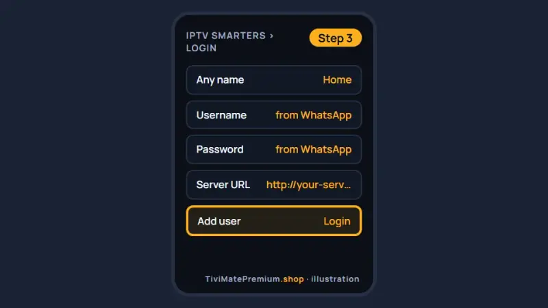 IPTV Smarters login form on an Android phone with Add user highlighted