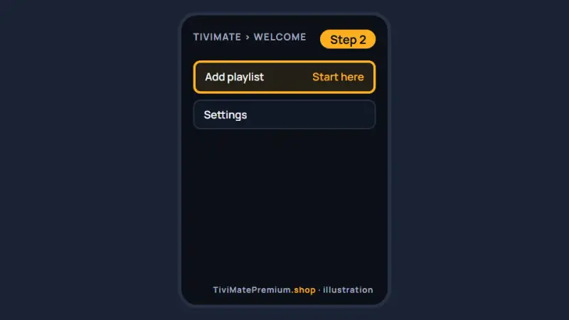TiviMate welcome screen on an Android phone with Add playlist highlighted