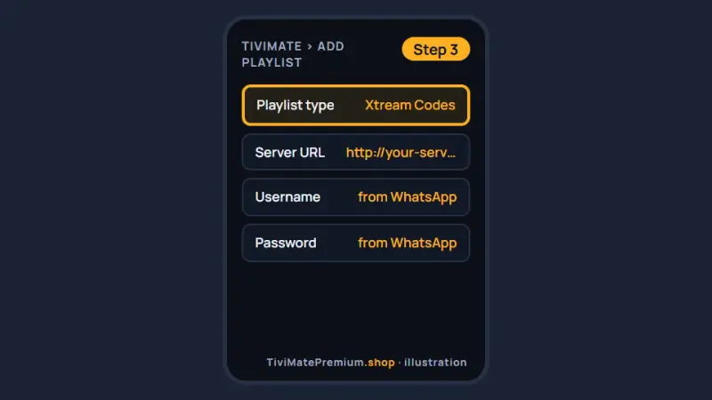 Setting up IPTV on Android phone: TiviMate Xtream Codes form with server URL, username and password
