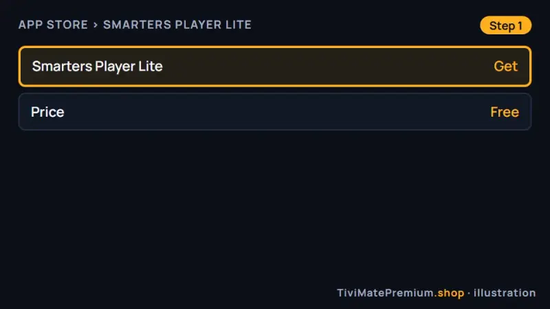 tvOS App Store showing Smarters Player Lite with the Get button selected