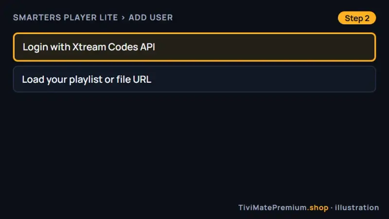 Smarters Player Lite login options on tvOS with Xtream Codes API highlighted