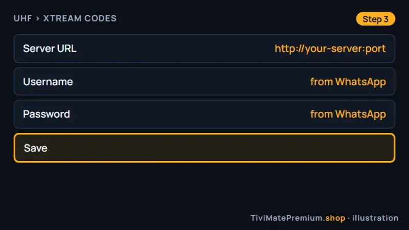 UHF Xtream Codes form on tvOS with server URL, username, password and Save