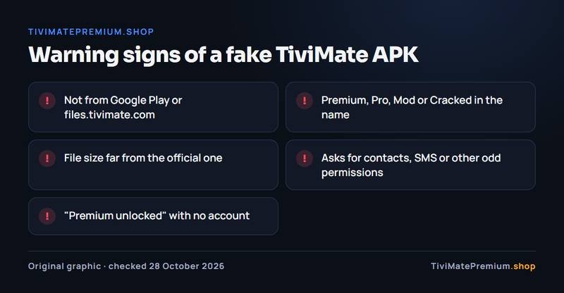 Warning signs of a fake TiviMate APK, such as a file sold as a TiviMate Premium APK