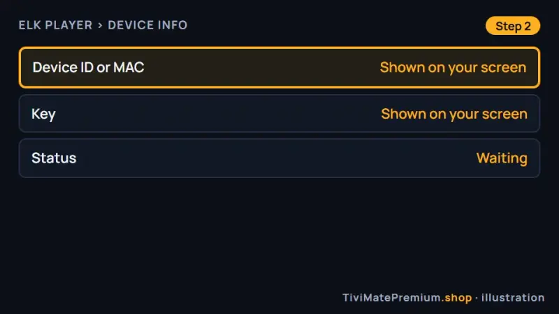 ELK Player opening screen showing the Device ID or MAC and Key on Fire TV