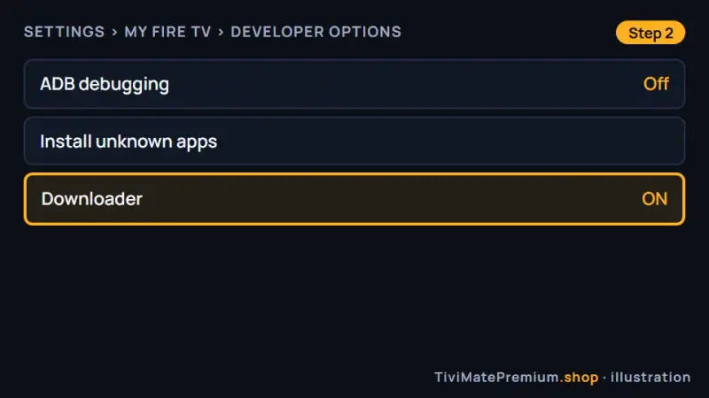 Fire TV Developer Options with Install unknown apps turned on for Downloader
