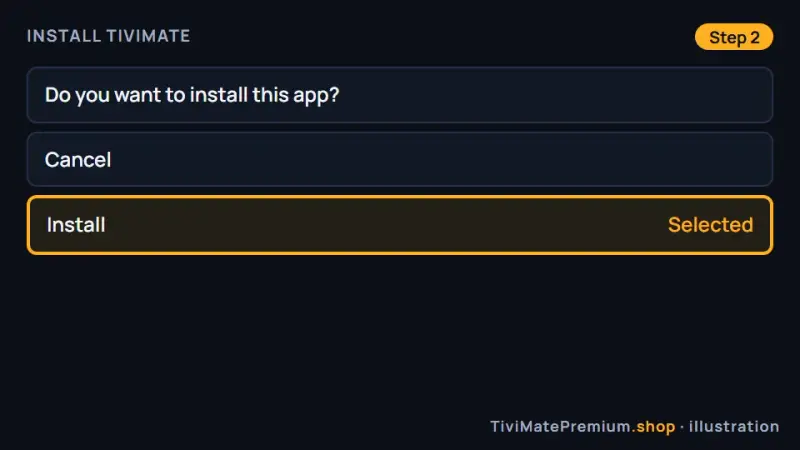 Fire OS install screen for TiviMate with the Install button selected