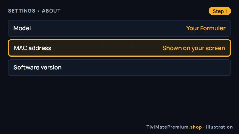 Formuler Settings About screen showing the box MAC address to send us on WhatsApp