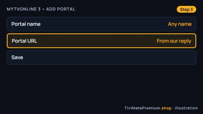MyTVOnline 3 Add Portal screen with a portal URL entered on Formuler