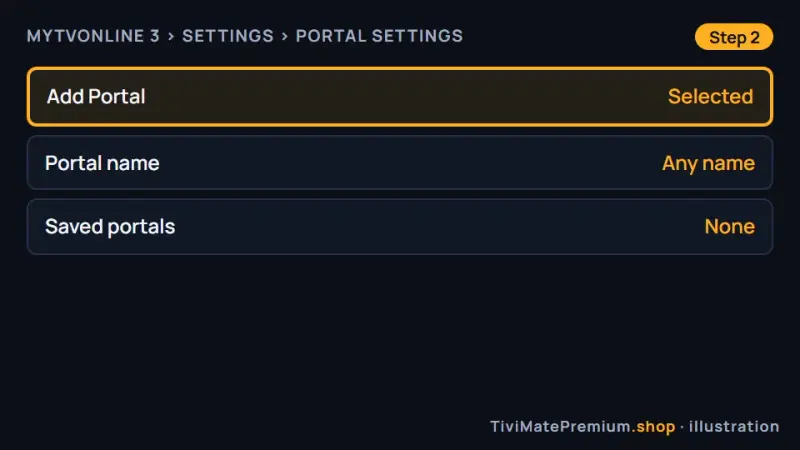 MyTVOnline 3 Add Portal screen during a Formuler IPTV setup, with the portal name field
