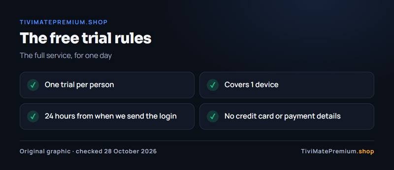 IPTV free trial rules: one trial per person, one device, 24 hours from the login, no credit card needed