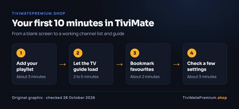 TiviMate guides order for your first 10 minutes: add the playlist, load the TV guide, bookmark favourites, check settings