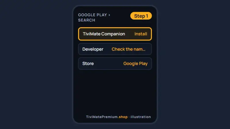 Step 1 to buy TiviMate Premium: install the TiviMate Companion app from Google Play