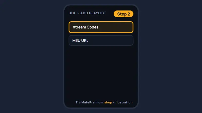 UHF add playlist screen on an iPhone with Xtream Codes selected