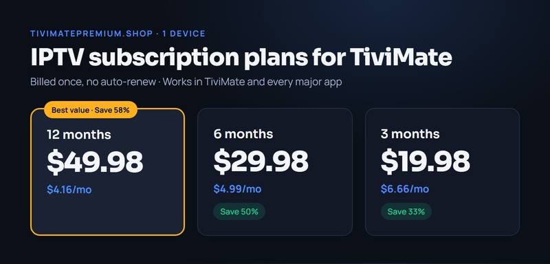 IPTV subscription plans for TiviMate: 3, 6 and 12 months on one device, billed once