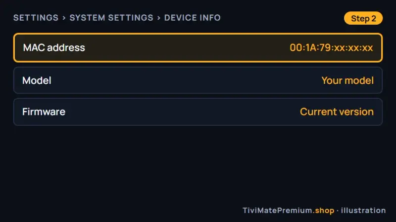 MAG box System Settings screen showing the MAC address, first step of MAG box IPTV setup