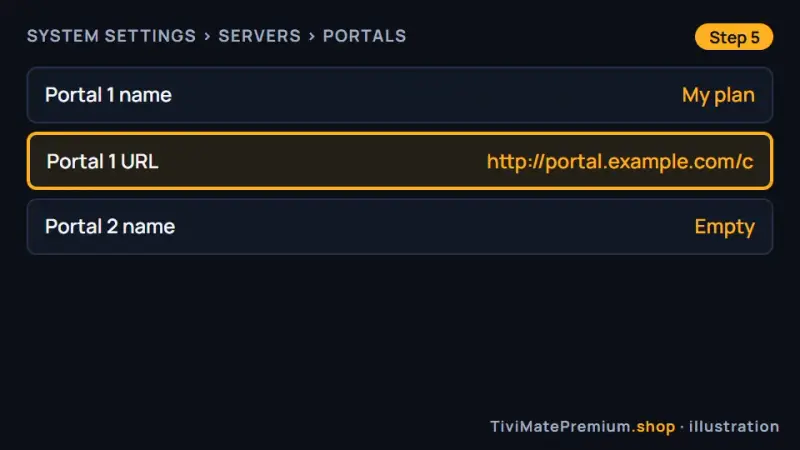 Portals screen on a set-top box with the portal URL field filled in