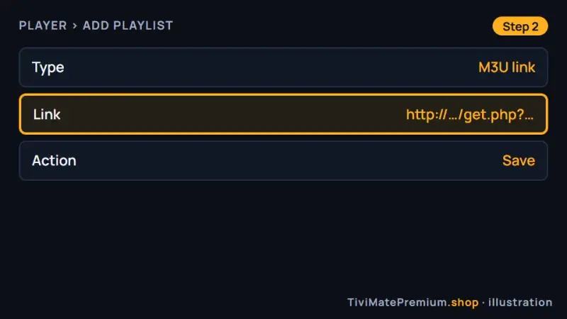 Roku player login form with the M3U link field selected, ready to paste the link