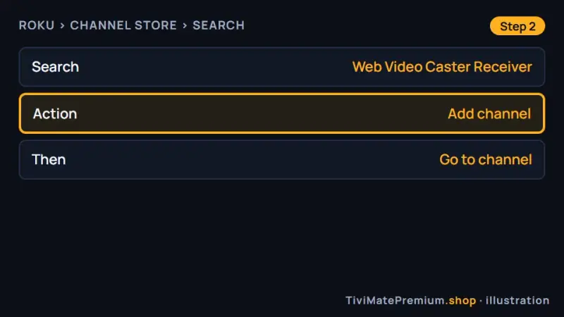 Roku Channel Store page for Web Video Caster Receiver with Add channel highlighted