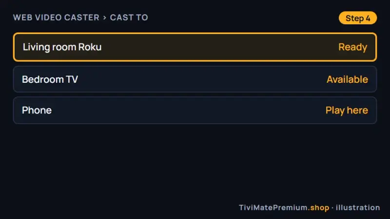 Cast device list in Web Video Caster on a phone with the Roku selected as the target