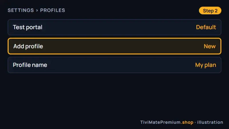 Profiles screen in the emulator app with Add profile highlighted