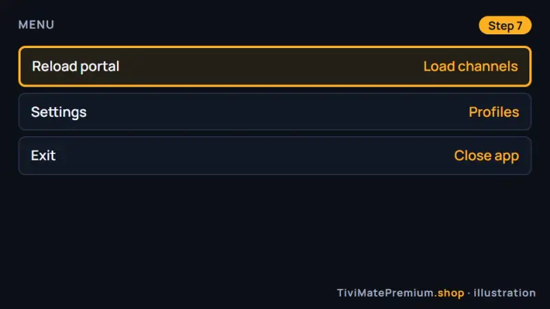 Emulator menu with Reload portal selected after saving the profile