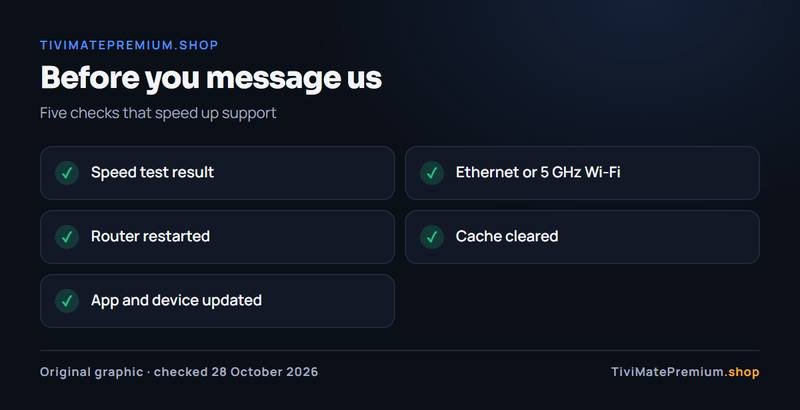 Checklist to run before reporting a freeze in TiviMate: speed test, Ethernet, router restart, cache, updates