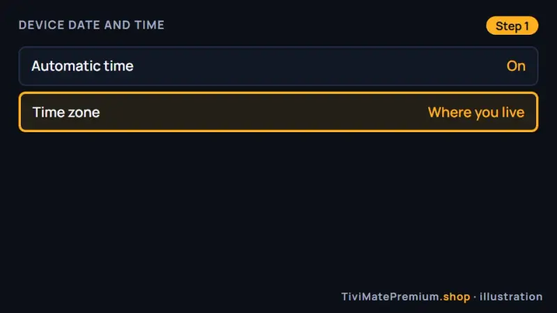 Checking the device date, time and time zone, the first fix when the TiviMate guide is empty