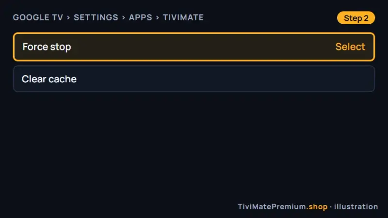 Force stopping TiviMate in Google TV settings so the TV guide reloads