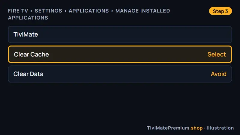 Clearing the TiviMate cache on a Fire TV to fix the TV guide