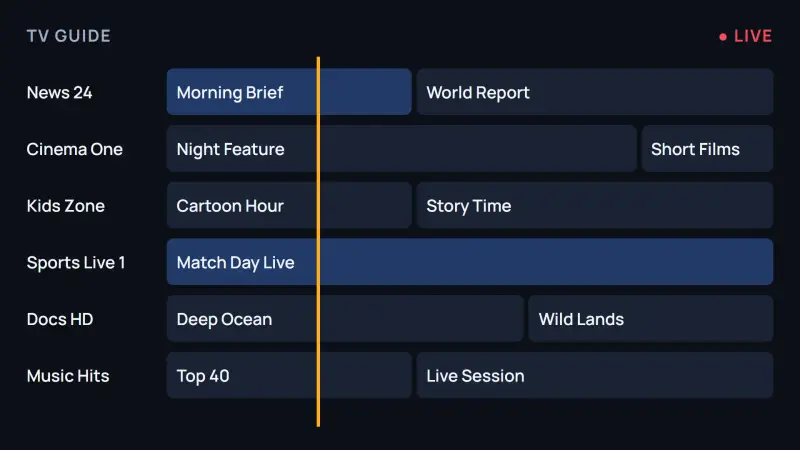TiviMate TV guide (EPG) grid with our IPTV channels, programmes across and a current-time line