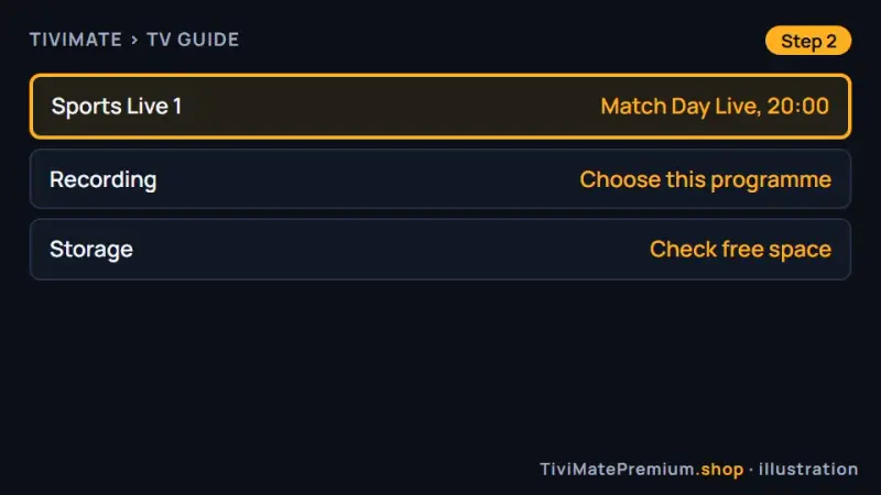 TiviMate TV guide with an evening programme selected for recording, with a reminder to check free space