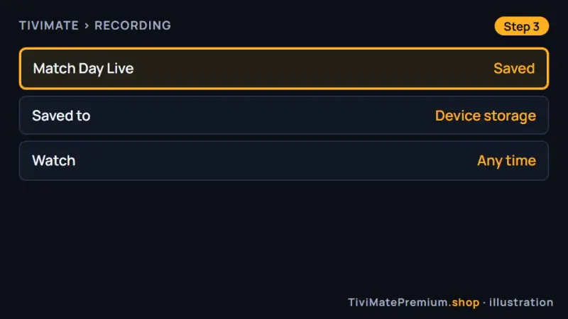 A finished recording saved to device storage and ready to watch later in TiviMate at any time