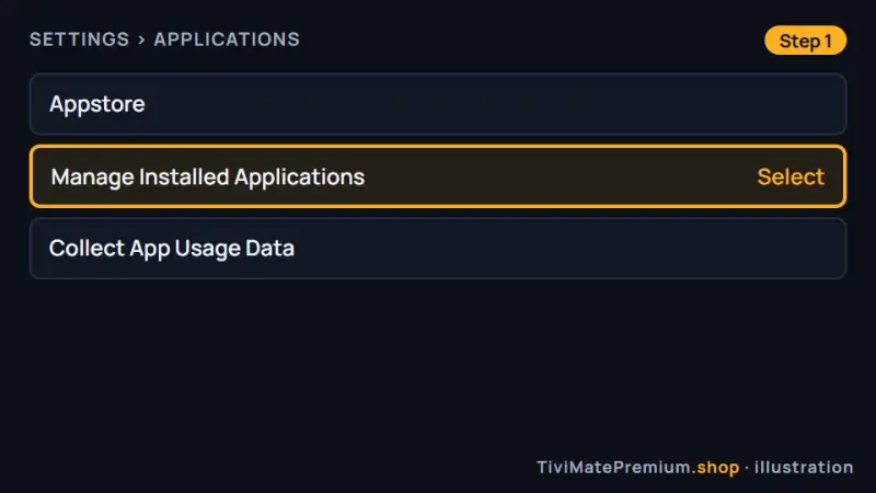 Fire TV Settings, Applications, Manage Installed Applications menu before clearing the TiviMate cache
