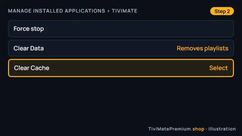Fire TV app screen for TiviMate with Clear Cache selected, a step in the best TiviMate settings routine