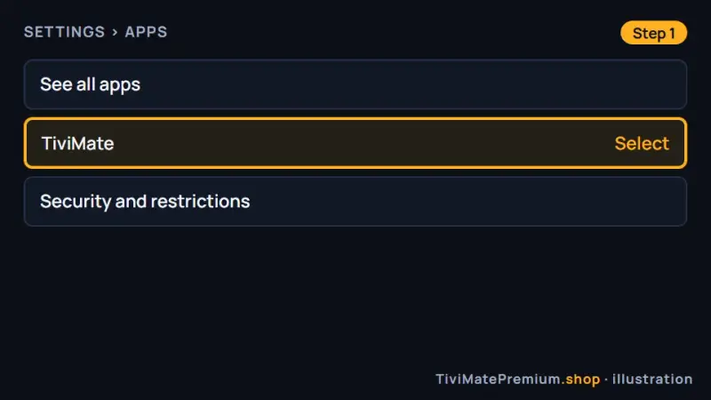 Google TV Settings, Apps, See all apps list with TiviMate selected