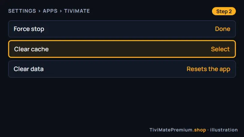 Google TV app info for TiviMate with Force stop and Clear cache options