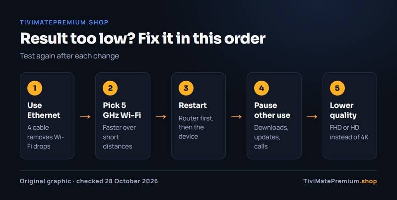 Five fixes for a slow IPTV speed test result, in order: Ethernet, 5 GHz Wi-Fi, restart, pause other use, lower quality