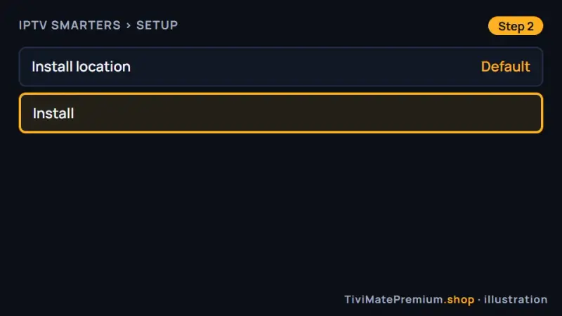 IPTV Smarters installer window on a Windows PC with the Install button selected