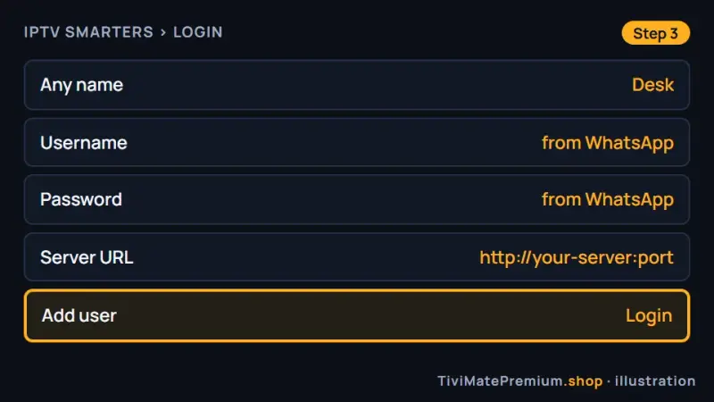 IPTV on Windows and Mac with IPTV Smarters: Xtream Codes login form with Add user highlighted